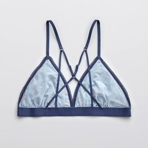 Aerie Sz M Mesh Ruffle Strappy Triangle Bralette Blue Green Floral NWT - Picture 2 of 14